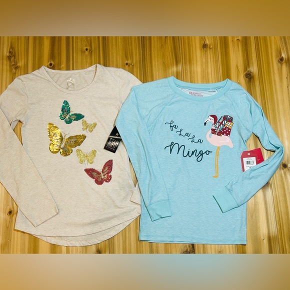 NEW Set of 2 Long Sleeve Shirts size 10/12 Medium Butterflies & Holiday Flamingo - Picture 5 of 16